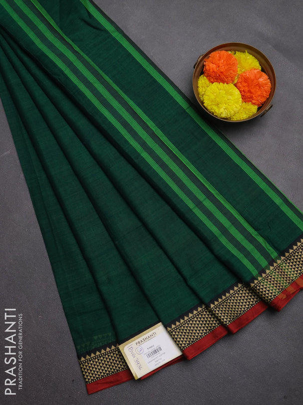Narayanpet cotton saree green and maroon with plain body and temple design thread woven border