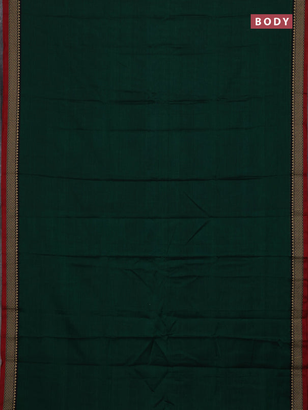 Narayanpet cotton saree green and maroon with plain body and temple design thread woven border