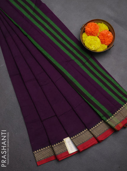 Narayanpet cotton saree purple and maroon with plain body and temple design thread woven border
