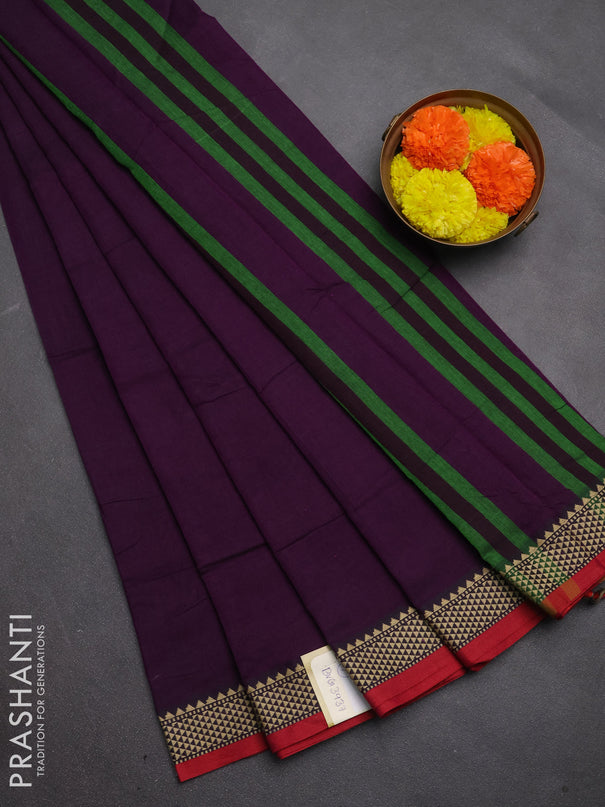 Narayanpet cotton saree purple and maroon with plain body and temple design thread woven border