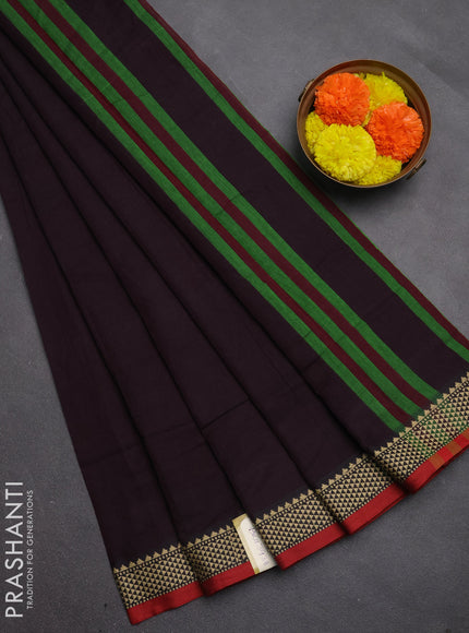Narayanpet cotton saree deep wine and maroon with plain body and temple design thread woven border