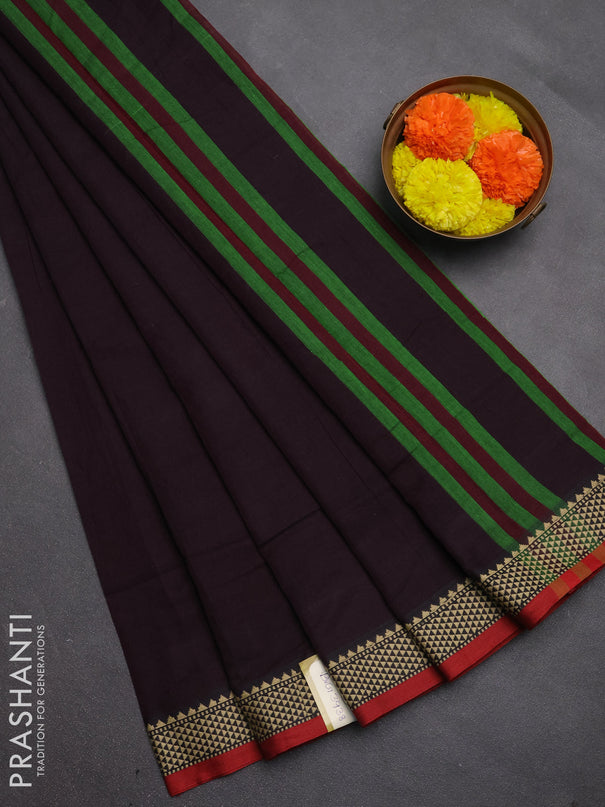 Narayanpet cotton saree deep wine and maroon with plain body and temple design thread woven border