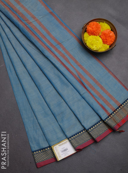 Narayanpet cotton saree light blue and maroon with plain body and temple design thread woven border