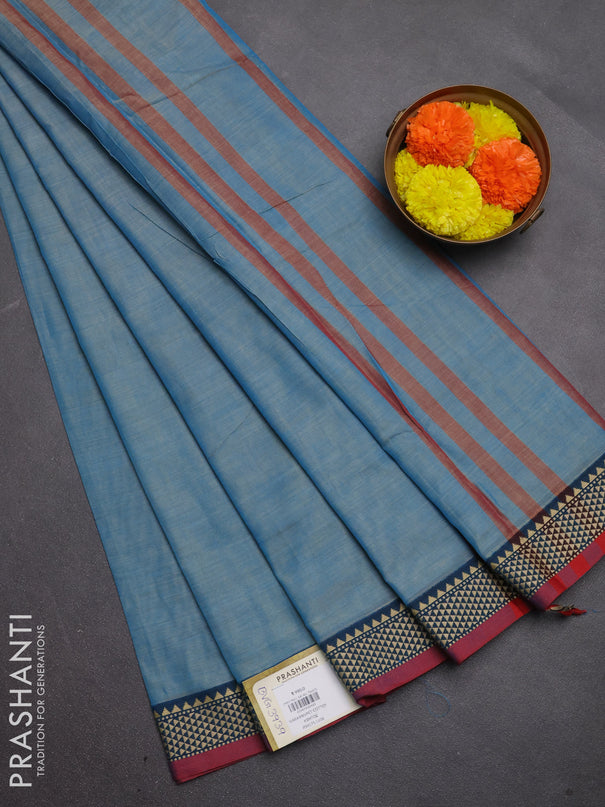 Narayanpet cotton saree light blue and maroon with plain body and temple design thread woven border