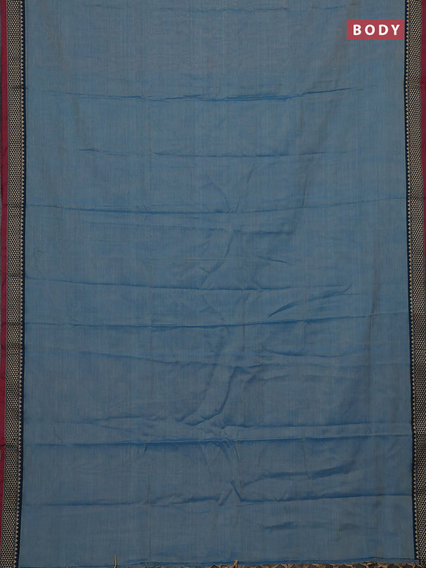 Narayanpet cotton saree light blue and maroon with plain body and temple design thread woven border