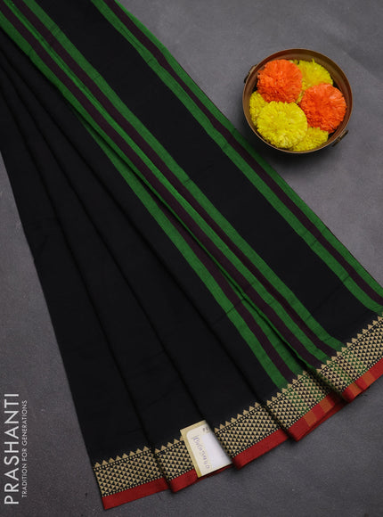 Narayanpet cotton saree black and maroon with plain body and temple design thread woven border