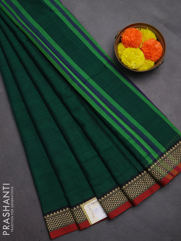 Narayanpet cotton saree green and maroon with plain body and temple design thread woven border