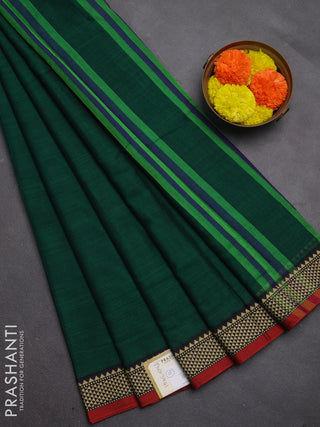 Narayanpet cotton saree green and maroon with plain body and temple design thread woven border