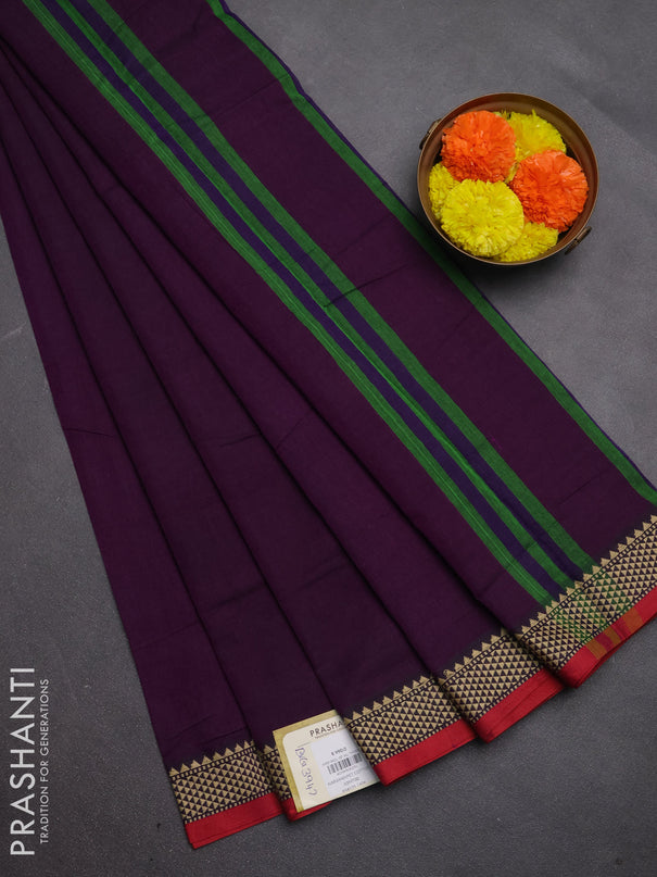 Narayanpet cotton saree deep purple and maroon with plain body and temple design thread woven border