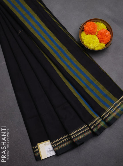 Narayanpet cotton saree black with plain body and temple design thread woven border