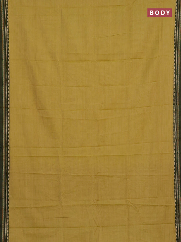 Narayanpet cotton saree mustard shade and olive green with plain body and temple design thread woven border