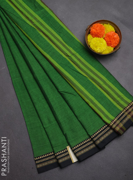 Narayanpet cotton saree green and bottle green with plain body and temple design thread woven border
