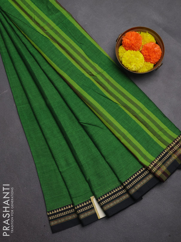Narayanpet cotton saree green and bottle green with plain body and temple design thread woven border