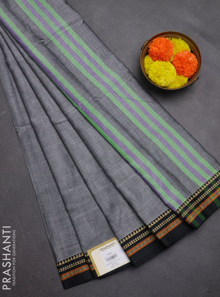 Narayanpet cotton saree grey and black with plain body and temple design thread woven border