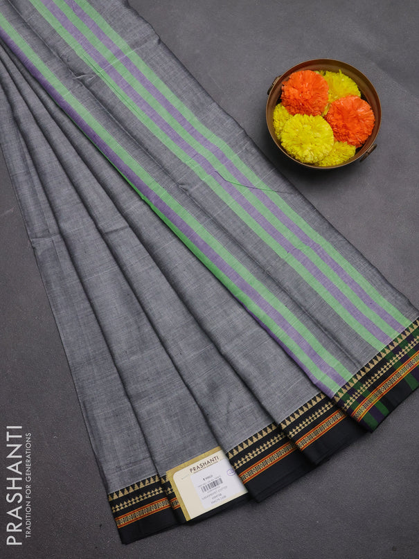 Narayanpet cotton saree grey and black with plain body and temple design thread woven border