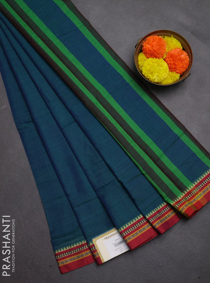 Narayanpet cotton saree peacock blue and maroon with plain body and temple design thread woven border
