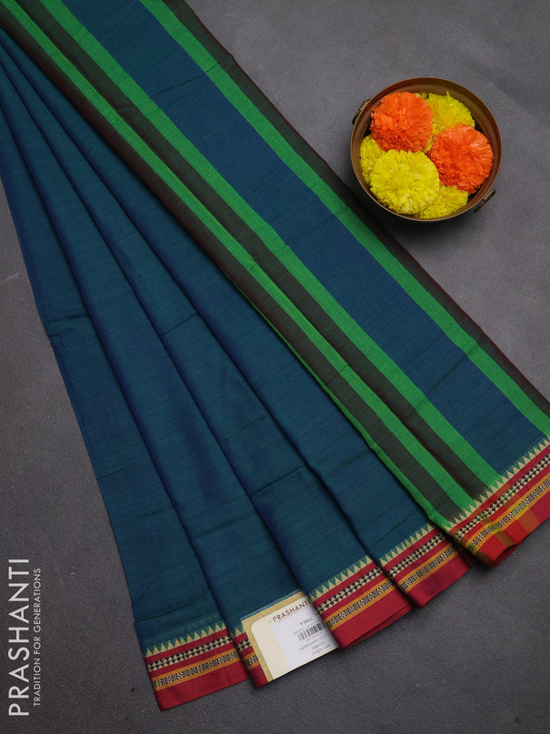 Narayanpet cotton saree peacock blue and maroon with plain body and temple design thread woven border