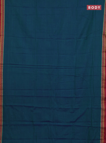 Narayanpet cotton saree peacock blue and maroon with plain body and temple design thread woven border