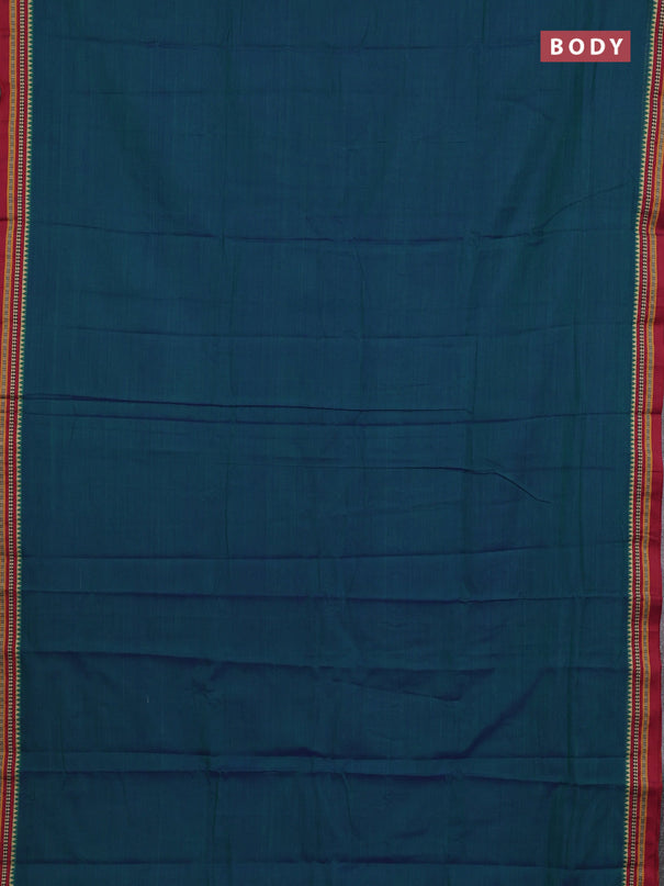 Narayanpet cotton saree peacock blue and maroon with plain body and temple design thread woven border