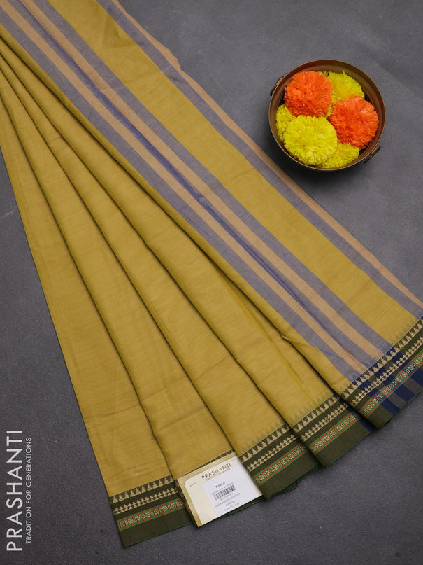Narayanpet cotton saree mustard shade and olive green with plain body and temple design thread woven border