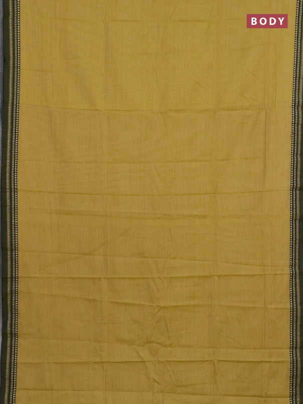 Narayanpet cotton saree mustard shade and olive green with plain body and temple design thread woven border