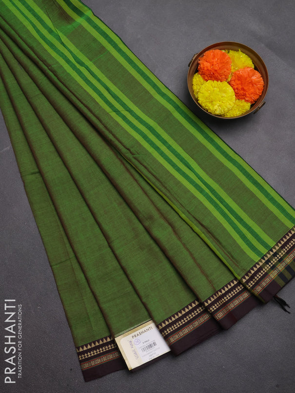 Narayanpet cotton saree green and deep maroon with plain body and temple design thread woven border