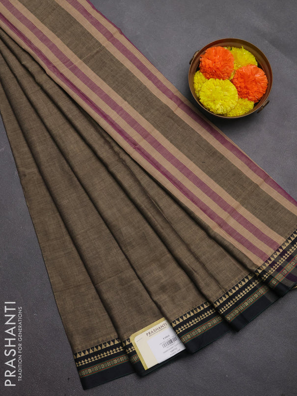 Narayanpet cotton saree chiku shade and black with plain body and temple design thread woven border