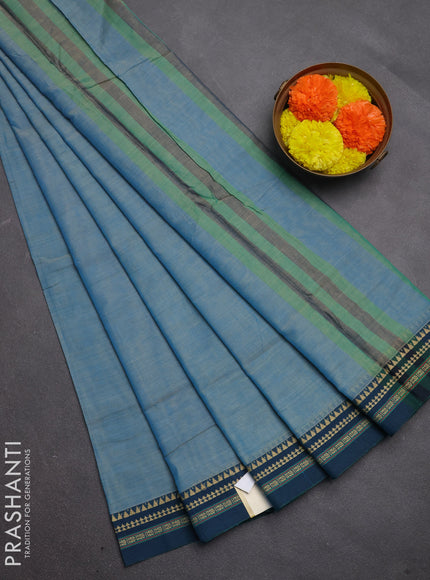 Narayanpet cotton saree light blue and peacock blue with plain body and temple design thread woven border