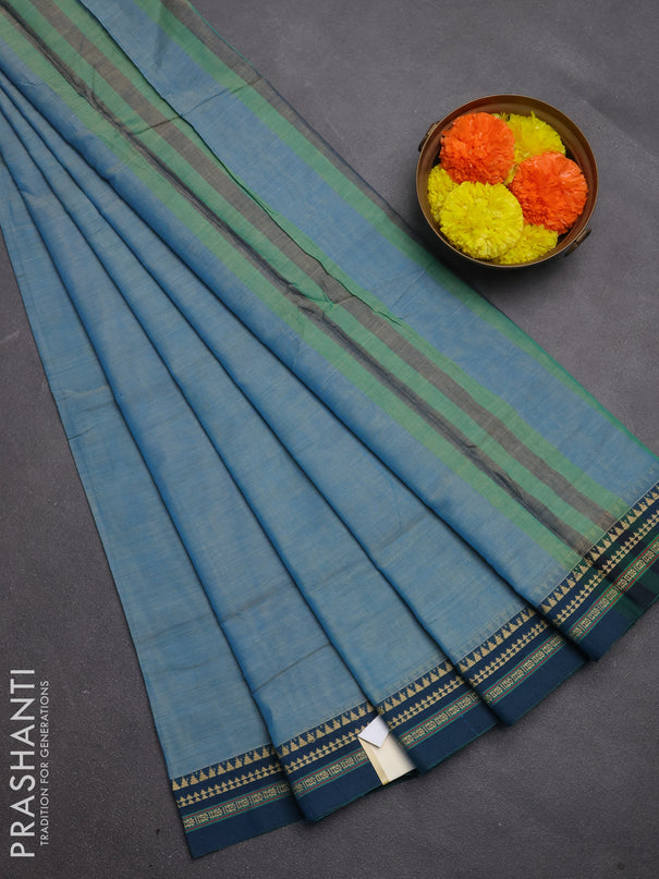 Narayanpet cotton saree light blue and peacock blue with plain body and temple design thread woven border