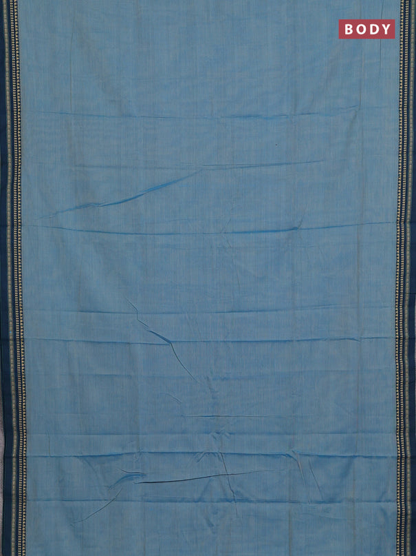 Narayanpet cotton saree light blue and peacock blue with plain body and temple design thread woven border
