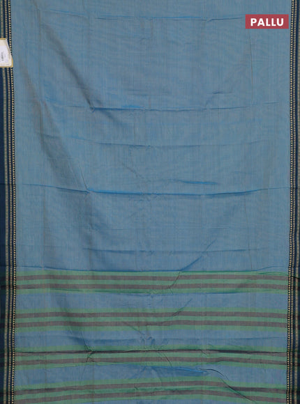 Narayanpet cotton saree light blue and peacock blue with plain body and temple design thread woven border