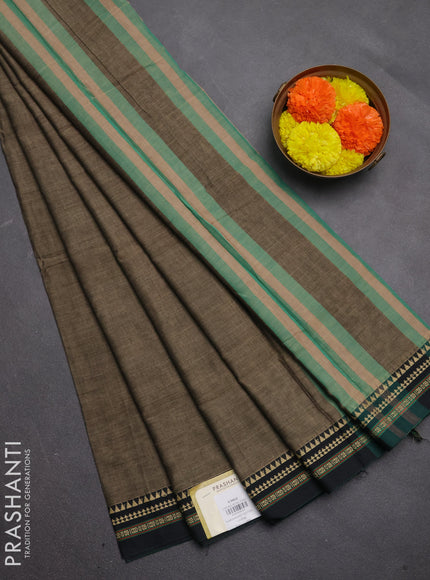 Narayanpet cotton saree chiku shade and black with plain body and temple design thread woven border