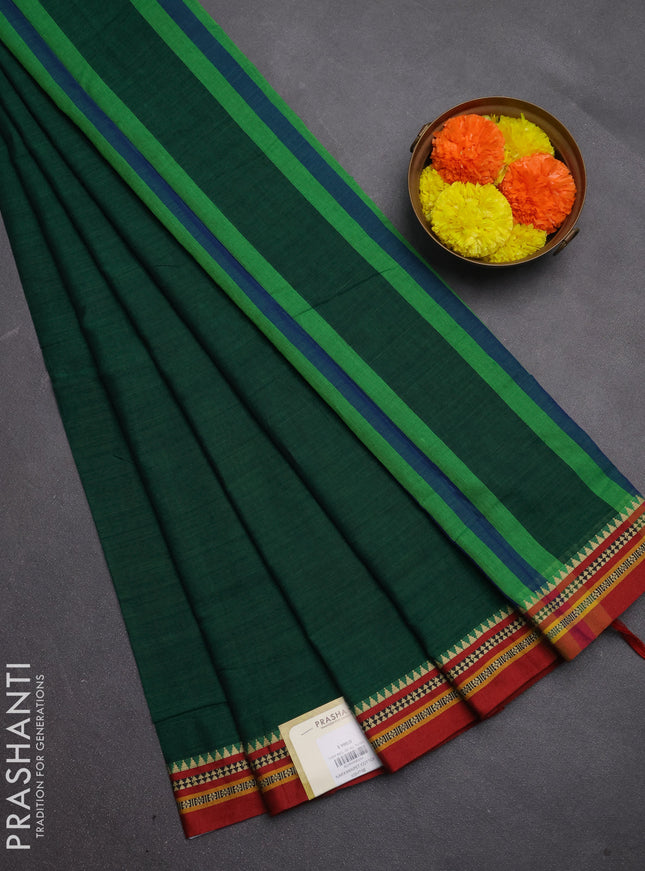 Narayanpet cotton saree green and maroon with plain body and temple design thread woven border