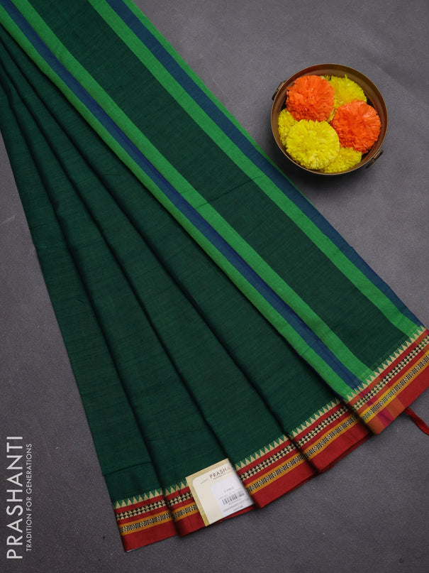 Narayanpet cotton saree green and maroon with plain body and temple design thread woven border
