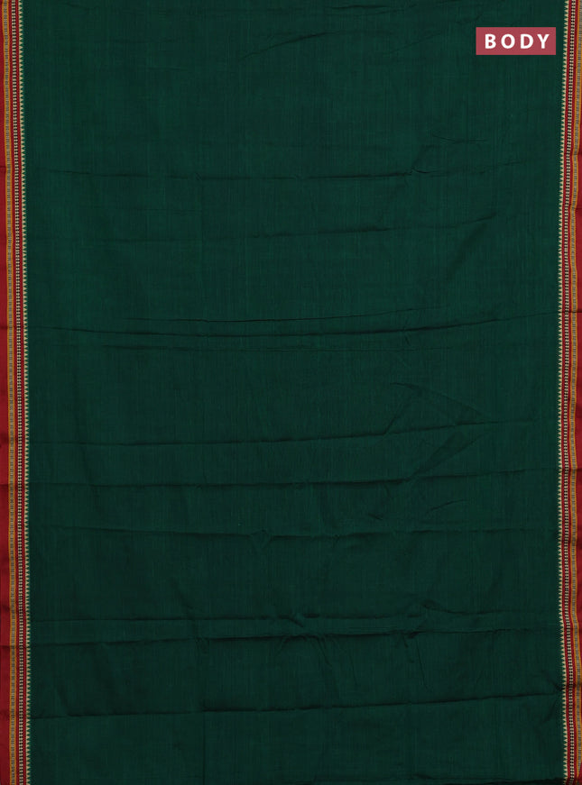 Narayanpet cotton saree green and maroon with plain body and temple design thread woven border