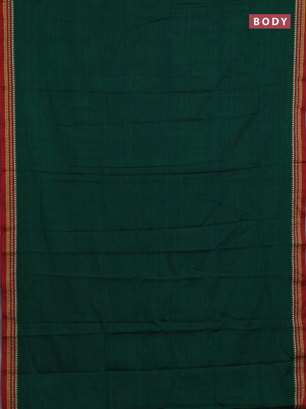 Narayanpet cotton saree green and maroon with plain body and temple design thread woven border