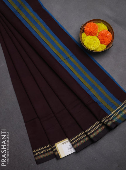 Narayanpet cotton saree deep wine and black with plain body and temple design thread woven border