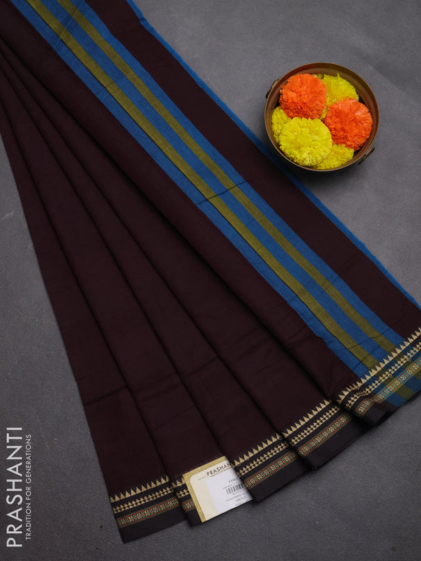 Narayanpet cotton saree deep wine and black with plain body and temple design thread woven border