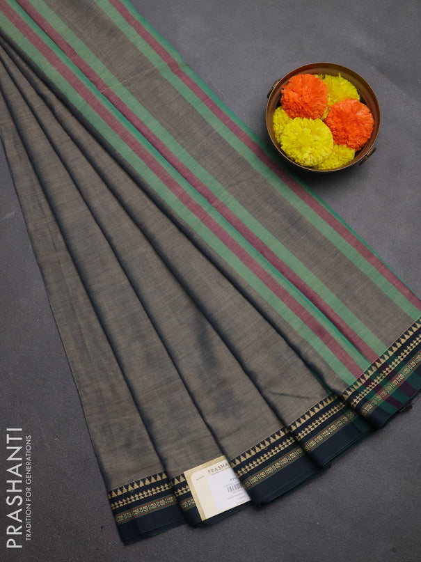 Narayanpet cotton saree dual shade of bluish grey and dark peacock blue with plain body and temple design thread woven border