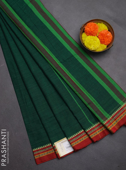 Narayanpet cotton saree green and maroon with plain body and temple design thread woven border
