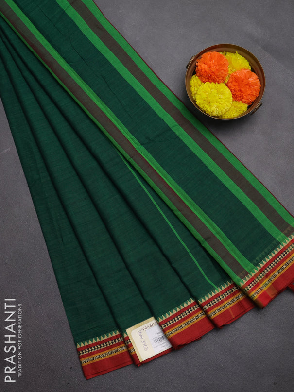 Narayanpet cotton saree green and maroon with plain body and temple design thread woven border
