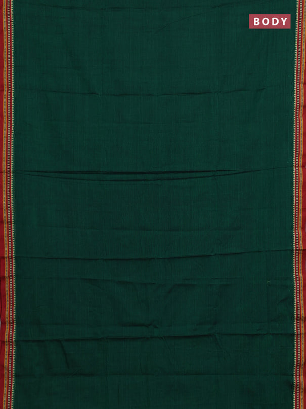 Narayanpet cotton saree green and maroon with plain body and temple design thread woven border