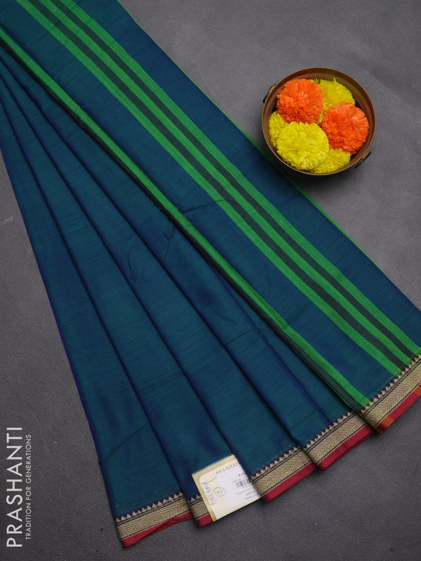 Narayanpet cotton saree dual shade of bluish green and maroon with plain body and temple design thread woven border
