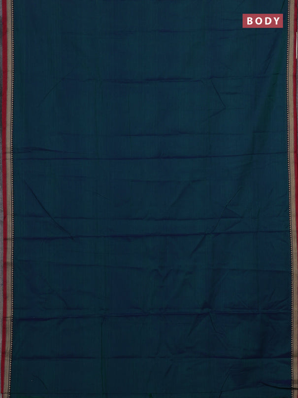 Narayanpet cotton saree dual shade of bluish green and maroon with plain body and temple design thread woven border