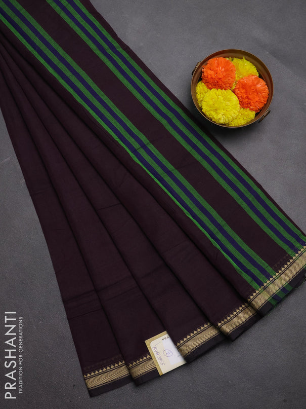 Narayanpet cotton saree deep wine with plain body and temple design thread woven border