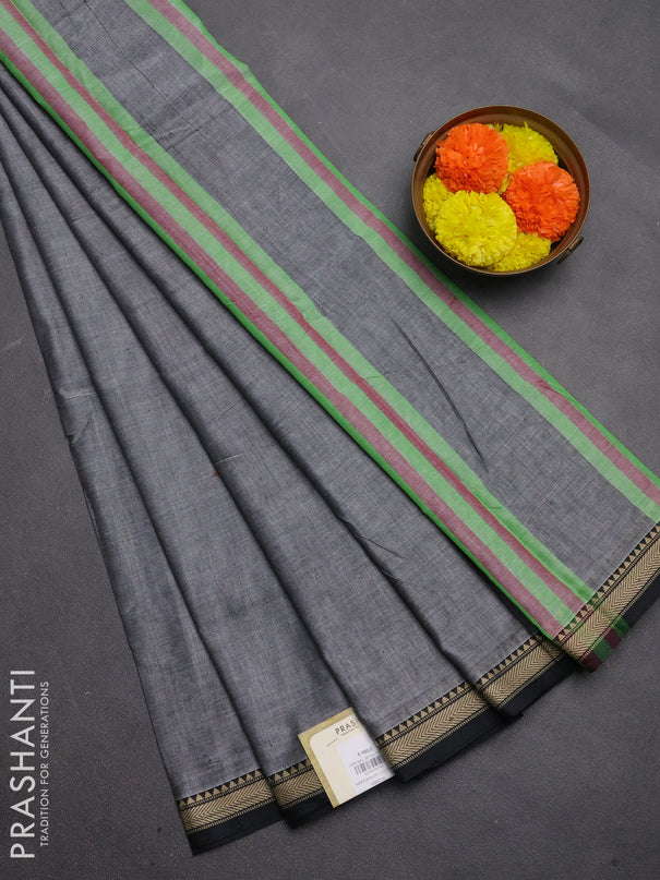 Narayanpet cotton saree grey and black with plain body and temple design thread woven border