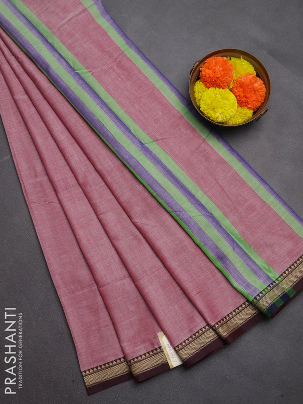 Narayanpet cotton saree maroon shade with plain body and temple design thread woven border
