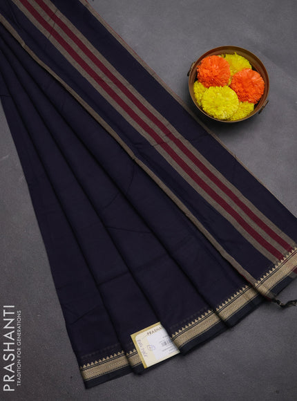 Narayanpet cotton saree navy blue with plain body and temple design thread woven border