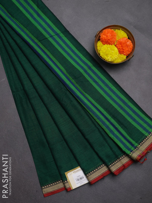Narayanpet cotton saree green and maroon with plain body and temple design thread woven border