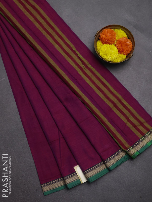 Narayanpet cotton saree magenta pink with plain body and temple design thread woven border